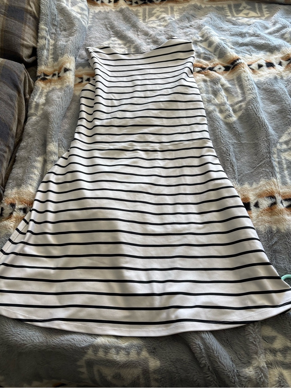 Strapless White Mini Dress with Black Stripes
